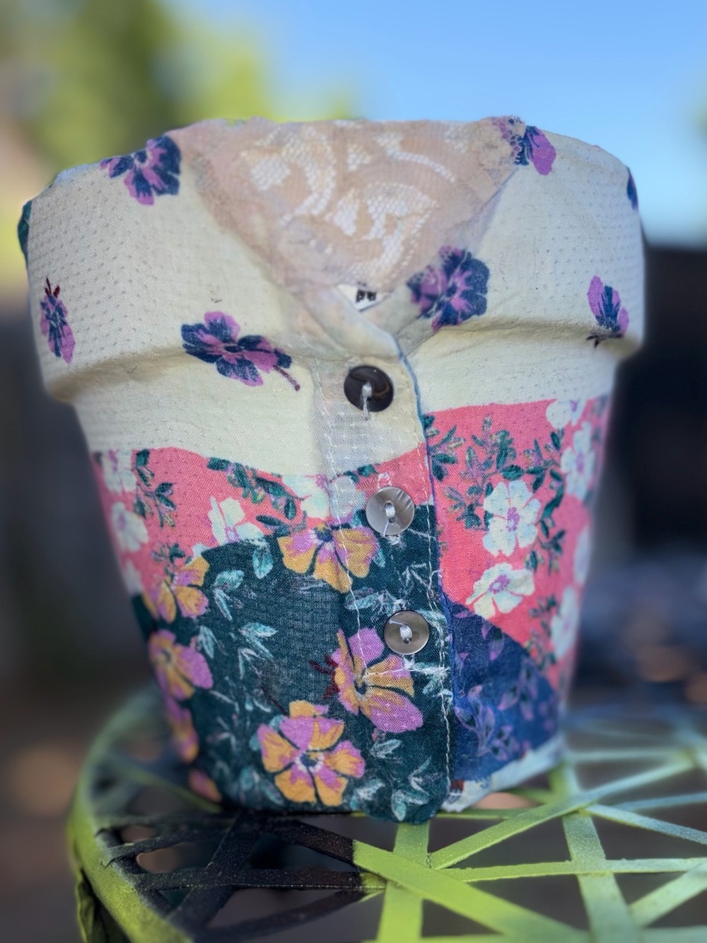 Handmade Floral Button Patchwork Terracotta Pot